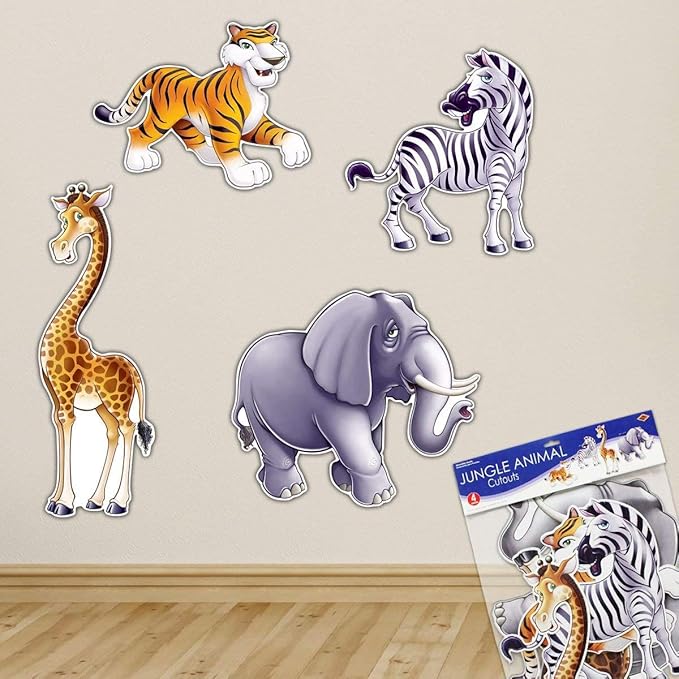 Beistle Jungle Animal Cutouts – 4-Pack Double-Sided Safari Decorations Featuring Giraffe Elephant Zebra and Tiger – Wall Décor for Jungle Theme Birthday Party or Classroom Display – 15½"–25"