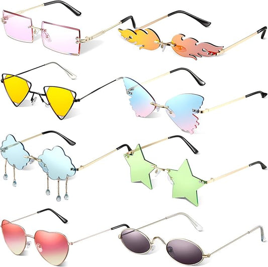 8 Pcs Irregular Sunglasses Set Heart Sunglasses Flame Cloud Butterfly Star Rimless Glasses Favors (Vibrant Style)