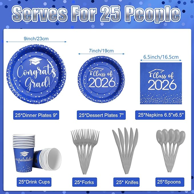 175pcs Class of 2026 Graduation Plates and Napkins Set, Disposable Paper Plate Set Polka Dots Napkins Cups Knife Fork Spoon for Graduation Party Decorations and Supplies,Serve 25 (Blue Silver)