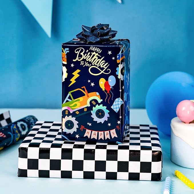 MAYPLUSS Monster Truck Wrapping Paper Roll, Reversible Checkered Flag Birthday Gift Wrap, Perfect for Kids and Boys Birthdays, 17 Inch x 33 Feet