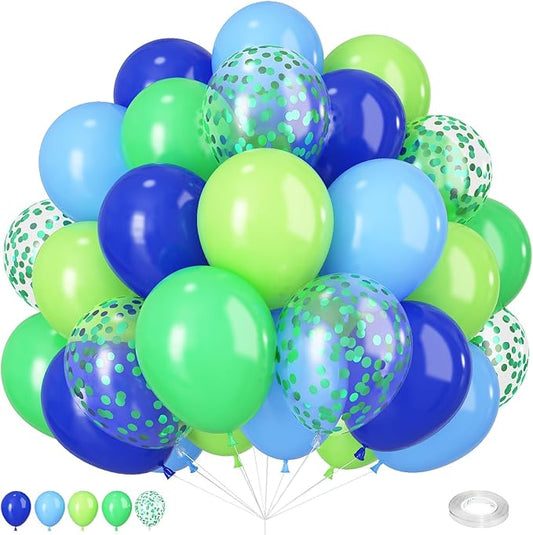 Blue Green Balloons 12 Inch Royal Blue Fruit Light Green Confetti Balloon with Ribbons for Boys Birthday Party Football Video Game Jungle Safari Themed Decoration