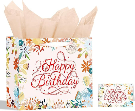 Powbrace 13" White Happy Birthday Gift Bag with Tissue Paper and Greeting Card for Patry, Happy Birthday Gift Bag for Women, Gift Bags Medium size(1 PCS Flower Gifts Bag)