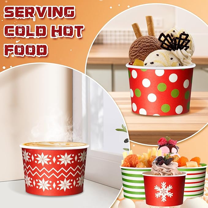 CHENGU 60 Pcs Christmas Ice Cream Cups 8oz Disposable Treat Snack Cups Red and Green Paper Bowls for Yogurt Cupcakes Soup Christmas holiday Party Supplies