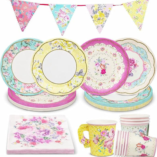 Talking Tables 50pcs Floral Tea Party Decorations for Mother's Day Decorations for 16 Guests, Disposable Tableware Set, Paper Plates, Teacups, Napkins & Bunting for Bridgerton Birthday Decor