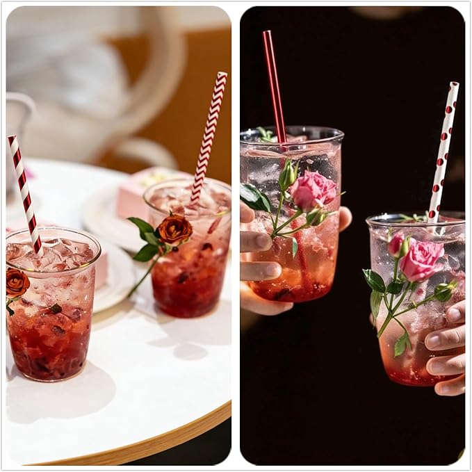 100 pcs Mixed Biodegradable Party Paper Straws, Glitter Metallic Red Foil Stripe Wave Solid Beverage Drinking Straws, Holiday Birthday Christmas Valentine Craft Cake Pop Sticks (Metallic Red Foil)