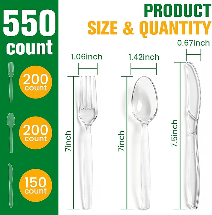 550 Count Plastic Silverware Heavy Duty,Clear Disposable Plastic Utensils Set,200 Forks, 200 Spoons,150 Knives,BPA-Free, Heat Resistant Plastics Cutlery, Plasticware Bulk for Catering & Events, Daily