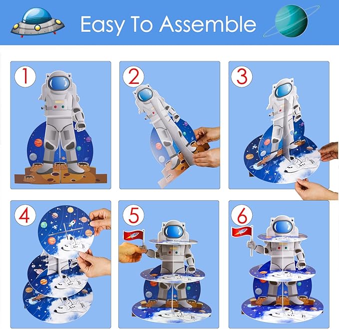 Space Astronaut Cupcake Stand Space Themed Birthday Party Decorations 3-Tier Cardboard Cupcake Holder stand Galaxy Style Dessert Tower Display for Party Supplies