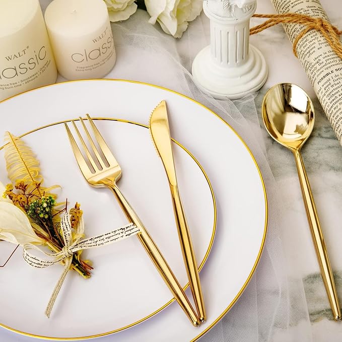 Rubtlamp 180Pcs Gold Plastic Silverware,Luxury Gold Plastic Cutlery,Heavy duty Golden Disposable Flatware, Utensils Set Disposable Include 60Gold Forks,60Gold Spoons,60Plastic Knives for Party,Wedding