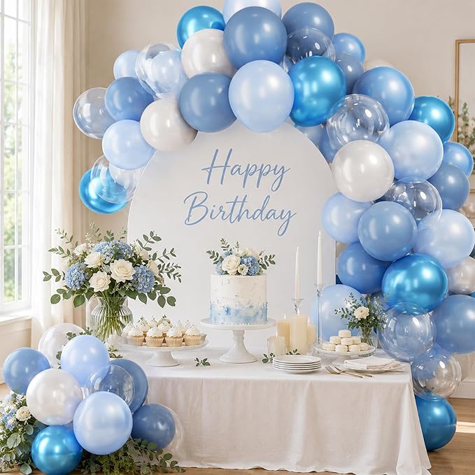 Blue Balloons, 60Pcs Pearl White and Blue Balloon, 12 Inch Latex Double Stuff Pearl Blue Balloons for Boy Baby Shower Birthday Party Gender Reveal Wedding Anniversary Graduation Party Decorations