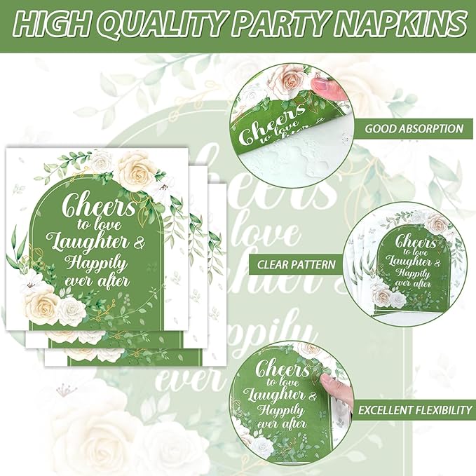 96Pcs Bridal Shower Party Supplies Eucalyptus Leaves Wedding Paper Plates Nankins Sage Green Party Decoration Engagement Cheers to Love Bridal Shower Holiday Dinnerware Party Favor Tableware Serves 24