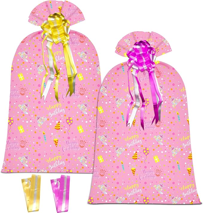 2 Pcs Large Gift Bags Oversized Plastic Storage Bags 48"x 36" with 2 Pcs Pull Bows for Huge Big Birthday Gift Presents Wrapping, Kids Bike Gift Bags, Birthdays, Parties, New Parents Baby Showers