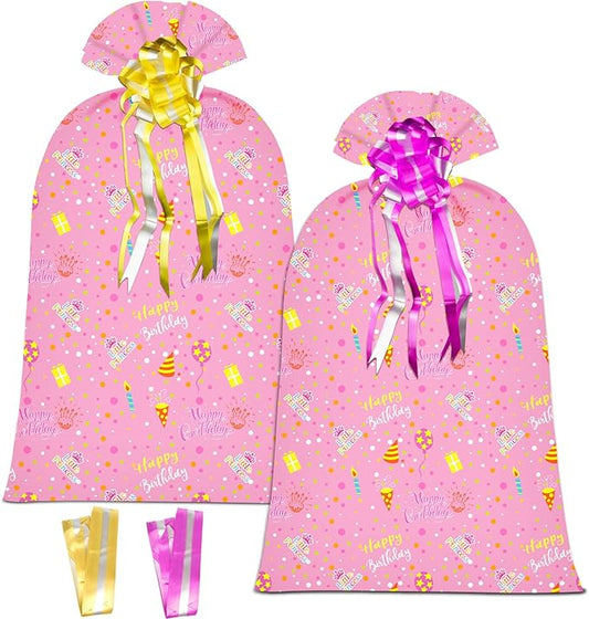 2 Pcs Large Gift Bags Oversized Plastic Storage Bags 48"x 36" with 2 Pcs Pull Bows for Huge Big Birthday Gift Presents Wrapping, Kids Bike Gift Bags, Birthdays, Parties, New Parents Baby Showers