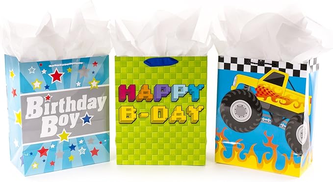 Hallmark 13" Large Birthday Gift Bag Bundle with Tissue Paper (Pack of 3: Monster Truck, Happy B-Day, Birthday Boy)