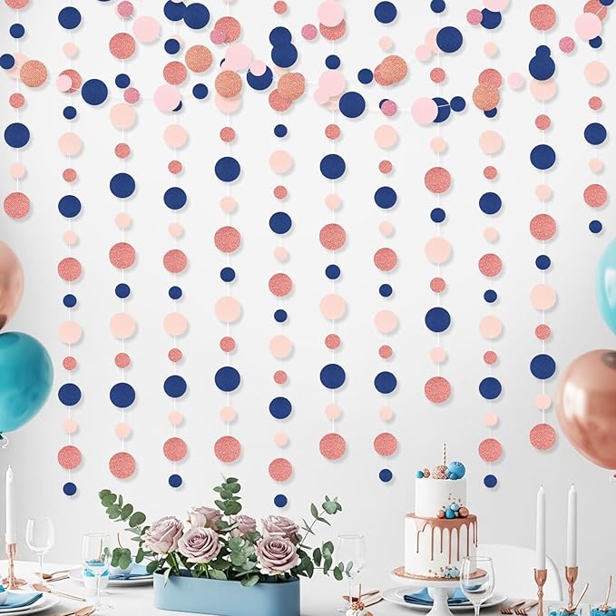 Outus 10 Pieces Blue,Pink,Rose Gold Round Dots Garland Graduation Party Hanging Decor Each Length 13.1ft Glitter Paper Dot Streamers for Birthday Wedding Classroom Supplies