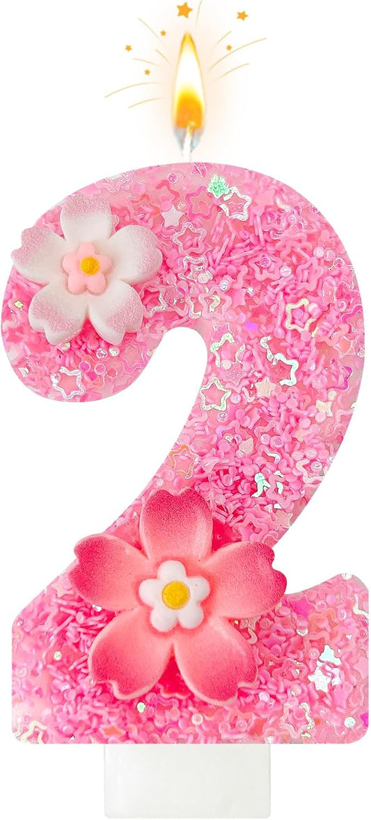 Pink Flower Birthday Candle,Number Birthday Candles for Cake, Ideal Birthday Parties Cake Decor, Wedding Anniversary and Other Celebrations (Number 2, Pink)