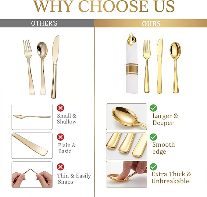 Liacere 100Pack Pre Rolled Gold Silverware and Napkin-Disposable Gold Plastic Utensils-Wrapped Plastic Cutlery Set with Napkin:100 Forks,100 Knives,100 Spoons,100 Napkins for Wedding & Graduation