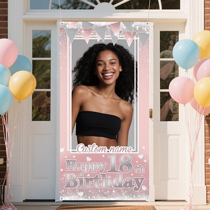 Personalized Happy Birthday Door Banner with Photo Custom Name Birthday Decorations Party Supplies for Women Men (Rose Pink)