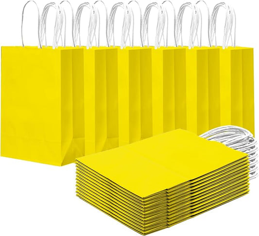 qiqee 24PCS Small Gift Bag with Handles Bulk 8.3"x6"x3" Gift Bags Bright Yellow Bags Multiple Uses (Small Size)