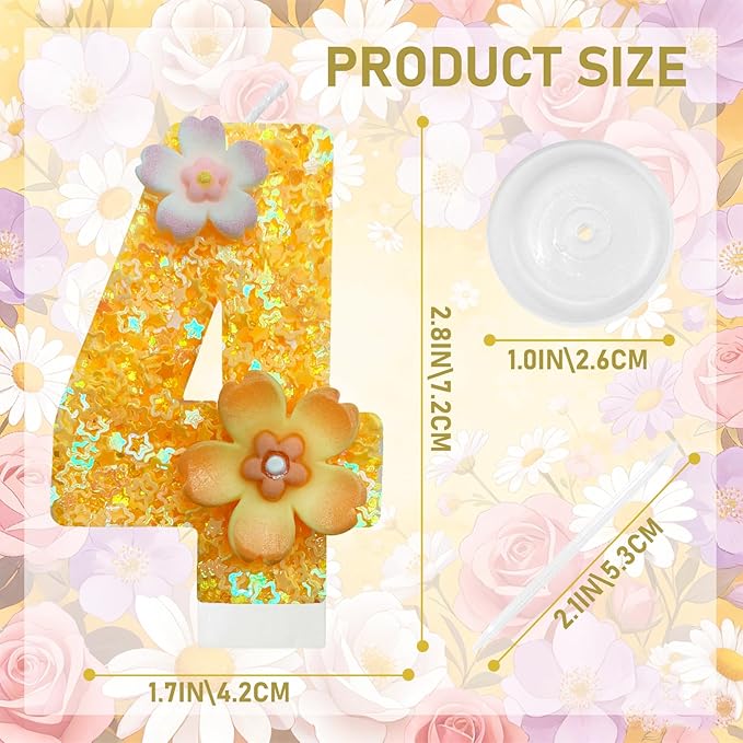 Yellow Birthday Candle, Flower Number Birthday Candles for Cake, Ideal Birthday Parties Cake Decor, Wedding Anniversary and Other Celebrations (4 Candle, Yellow)