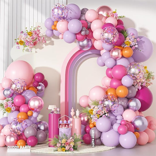 Ouddy Party Pink Purple Balloons Garland Arch Kit, Different Sizes 18 12 10 5 Inch Hot Pink Lilac Lavender Orange Magenta Latex Confetti Balloon for Wildflower Birthday Baby Shower Party Decorations