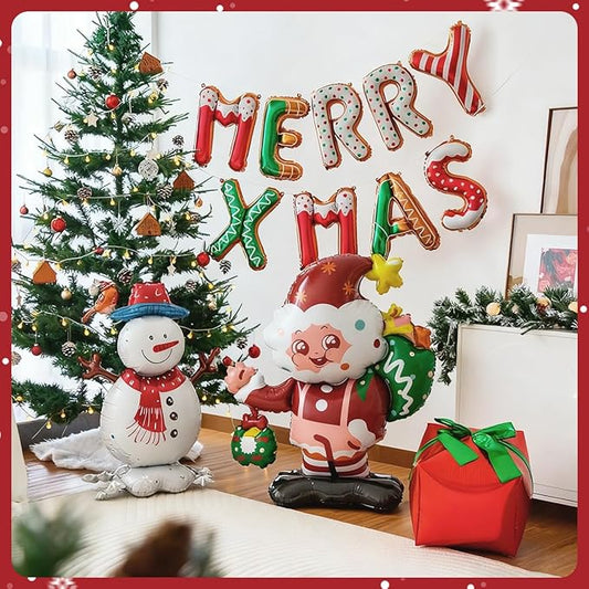 [6 in 1] Clearance Christmas Decor set Foil Balloons Decoration, Balloons with Xmas Mylar Foil Letters, Snowman, Red Gift Box with Air Pump & String for Christmas Party Friendsmas Party Decorations