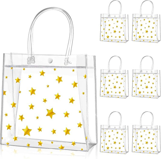 Aliceset 20 Pcs 8 x 8 x 3.15 Inch Clear PVC Gift Bags with Handles Small Gold Foil Star Transparent Star Party Favor Goodie Bags for Baby Shower Birthday Wedding Candy Snack Gift Wrapping