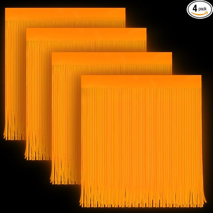 4 Pack Glow in The Dark Curtains Party Supplies 6.6 x 3.3 Ft Glow Tinsel Foil Fringe Curtains Orange Photo Booth Prop Backdrop Streamer for Birthday Holiday Neon Party Decorations