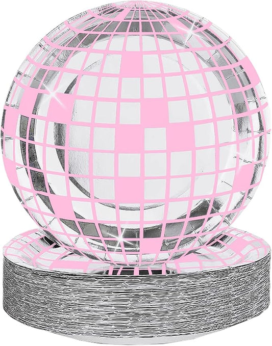 FunisFun Disco Ball Plates 50P Disposable Plates for 70s Disco Party Decorations Wedding Birthday Bachelorette Party 7" Pink
