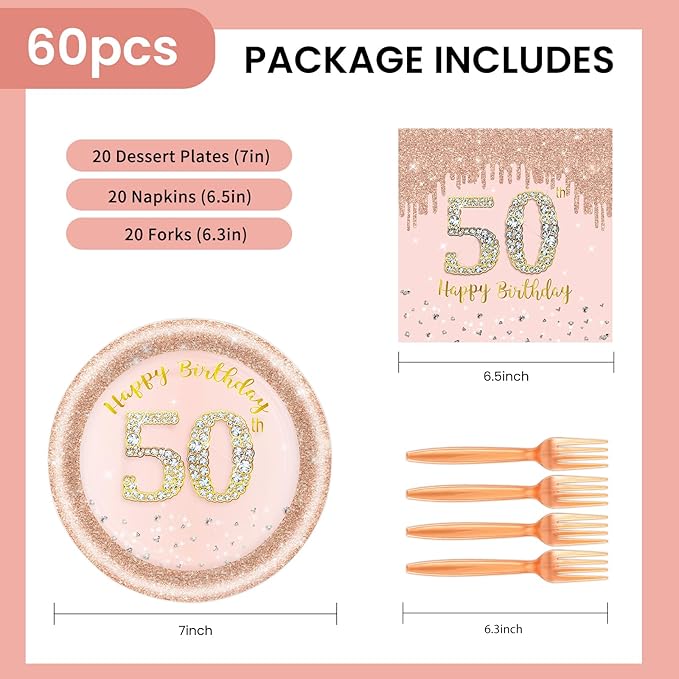 60 PCS 50th Birthday Decorations for Women, 50th Birthday Plates and Napkins Rose Gold Disposable Tableware Set Party Supplies for Women Cheers to 50 Years Anniversary (50TH)