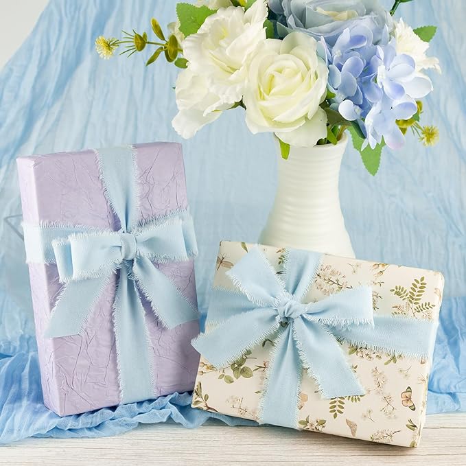Baby Blue Cotton Ribbon 1 Inch Baby Blue 3 Rolls 21 Yards Frayed Edge Fabric Set for Baby Shower, Wedding Invitations, Nursery Decor, Christening & First Birthday Party