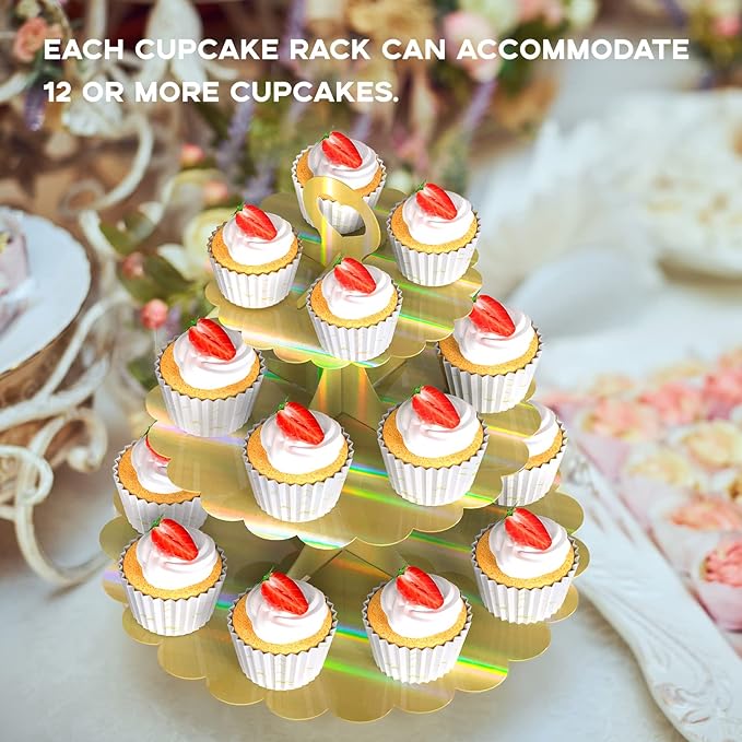 2-Pack 3-Tier Cupcake Stand,Rainbow Gold Cake Tower,Dessert Cupcakes Cardboard Display Holder for Weddings & Parties & Birthday Decoration Supplies（Laser）