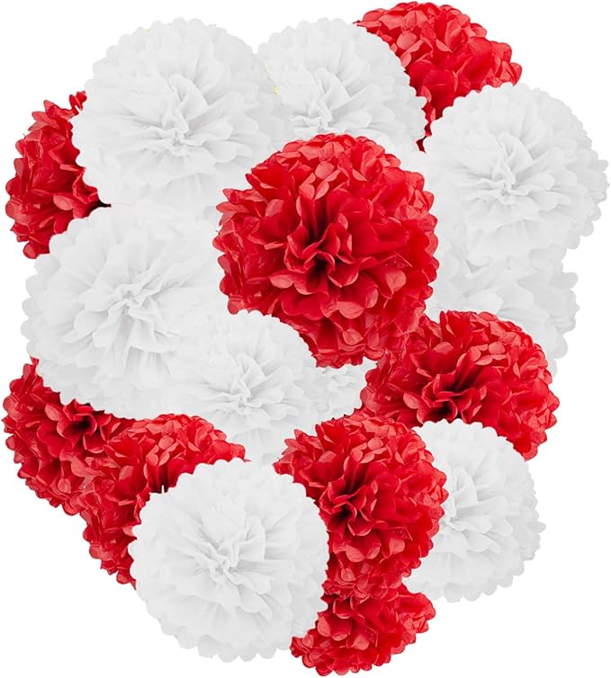 Capesaro Red and White Paper Pom Poms - 10",12" Tissue Pom Poms Decorations for Party Hanging Decor - 12 Piece Set