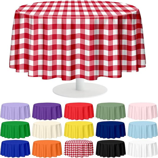 Mulbozy 12 Pack Red Checkered Tablecloth 84 Inches Round Red Gingham Tablecloth, Premium Disposable Plastic Waterproof Table Cover for Outdoor Picnic, Kitchen, Holiday Birthday Party