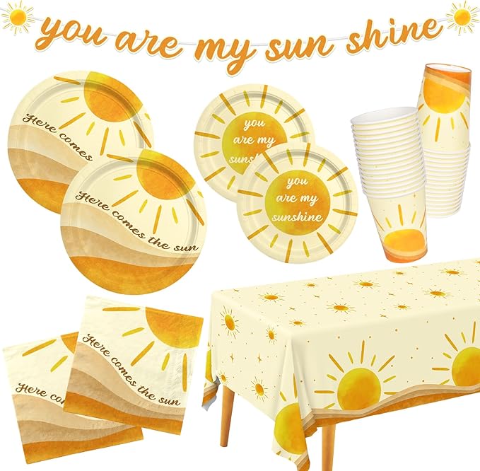 Boho Sun-Theme Birthday Party Supply Set; Complete Baby Shower Decorations with Sunshine Disposable Paper Plates, Cups, Tablecloth, Banner and Napkins for 25; Boho Baby Shower Party Decorations.