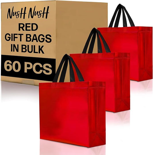 Nush Nush Red Gift Bags Bulk Large - Set of 60 Shiny Red Gift Bags with Handles - Goodie Bag for Valentine's Day Gifts, Birthday Parties, Wedding, Small Business, Big Special Events - 13W x 5D x 11H