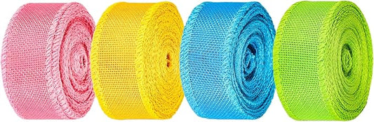 Meseey Spring Burlap Wired Ribbon 1 Inch x 4 Colors 40 Yards - Pastel Pink Yellow Green Blue Wired Ribbon for Easter Wreath Floral Bows Gift Wrapping Party Crafts Decorations