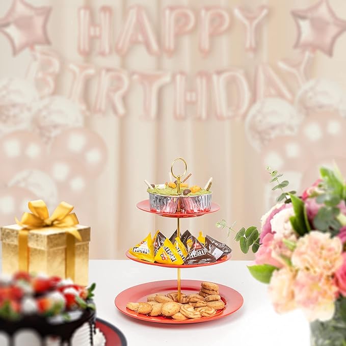 TP 3-Tier Cupcake Stand Melamine Serving Tray Unbreakable Dessert Stand Fruit Candy Display Tower for Wedding Birthday Tea Party and Baby Shower, Red