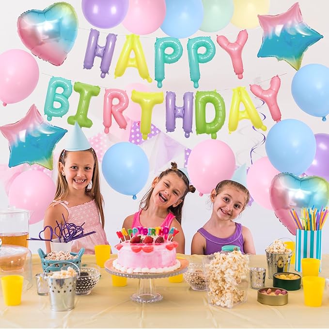 Pastel Rainbow Birthday Decorations,Pastel Blue Green Yellow Purple Pink Balloons Happy Birthdays Balloon Banner for Girls Boys Kids Birthday Baby Shower Party Decorations