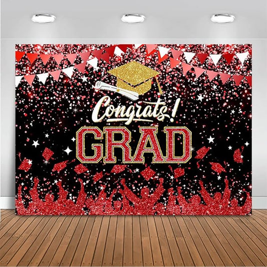Mocsicka Graduation Party Decorations 2026 Congrats Grad Backdrops for Photography Bachelor Cap Congratulations Grad Photo Backdrop Graduation Prom Party Supplie (Red, 8x6ft(96x72 inch))