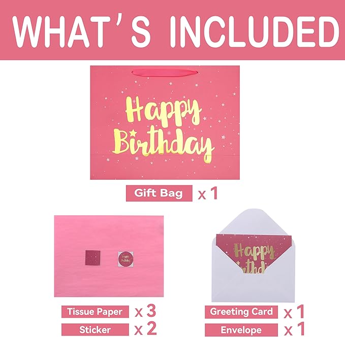 Qirrmiy 16.5” Extra Large Pink Happy Birthday Gift Bag Set with Handles, Greeting Card, Tissue Papers and Stickers for Women Girls Kids, Stars Design, 1 Pcs.