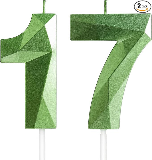 Yiran Number 17 Candles,17th Birthday Candles,Green Happy Birthday Candle for Cake,3D Design Cake Topper Decorations for Girl Women Pet Birthday Party Wedding Anniversary Celebration Supplies