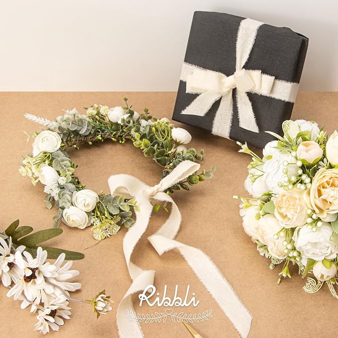 Ribbli 3 Rolls Ivory Ribbon 1 Inch x 18 Yards Cream White Handmade Cotton Frayed Fringe Ribbons for Wrapping Wedding Invites Bridal Bouquets Baby Shower DIY Crafts Home Decor