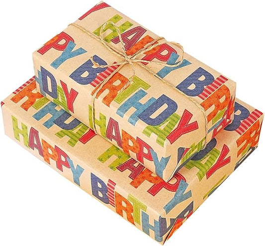 Birthday Wrapping Paper,Gift Wrapping Paper Roll,Kraft Wrapping Paper-17 inch X 32.8 Feet Per roll,Colorful Text Happy Birthday Design Perfect For Boys Girls Birthdays Holiday Wrap, Party, Baby Shower