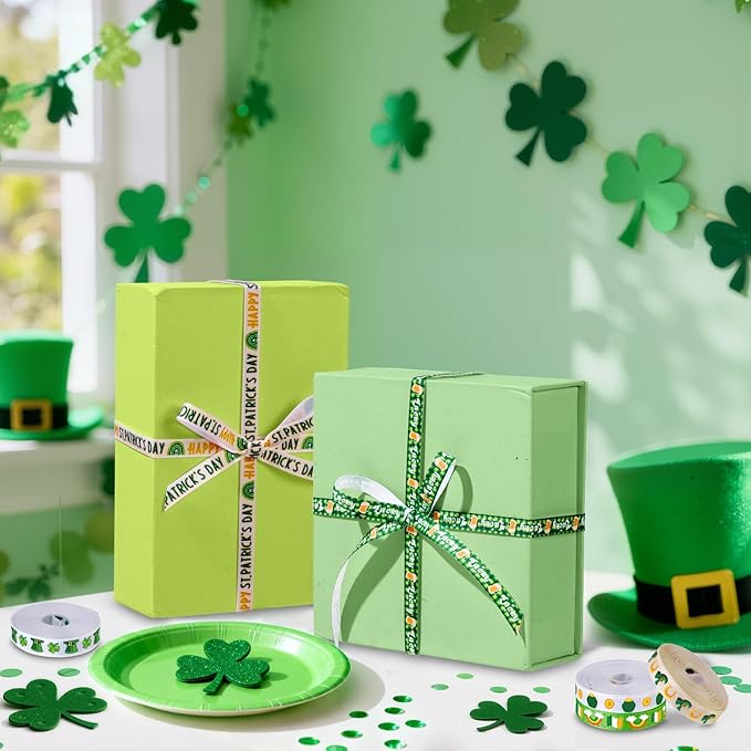 6 Roll Saint Patrick's Decor Ribbons, 3/8 Inch x 30 Yard Green Hat Clover Grosgrain Ribbon, Coin St. Patrick's Day Craft Ribbon for Gifts Wrapping Wreath DIY Bows Making Party Decoration