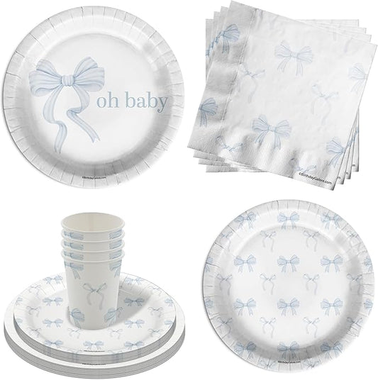 Birthday Galore Oh Baby Blue Bows Baby Shower Party Supplies - 64 Piece Baby Shower Tableware Set Includes Large 9" Dinner Plates and 8" Dessert Paper Plates Napkins Cups - Kit for 16