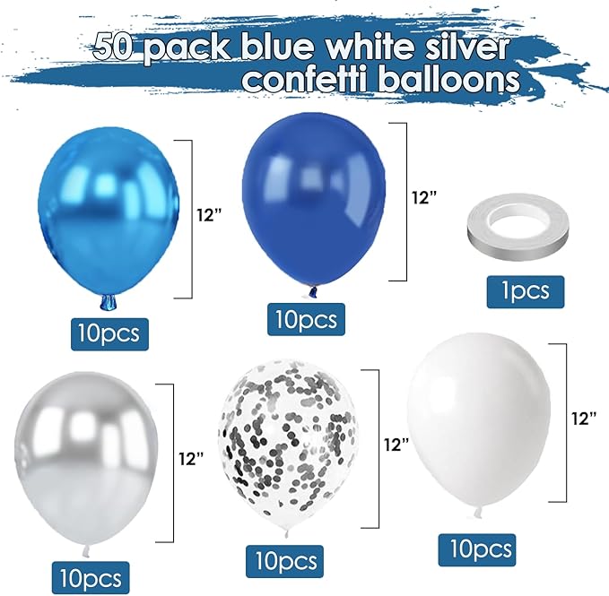 Blue White Silver Confetti Balloons - 50pcs 12" Metallic Blue Silver and Clear White Confetti Latex Balloons for Graduation Father's Day Birthday Wedding Anniversary Bridal Shower Party Decorations
