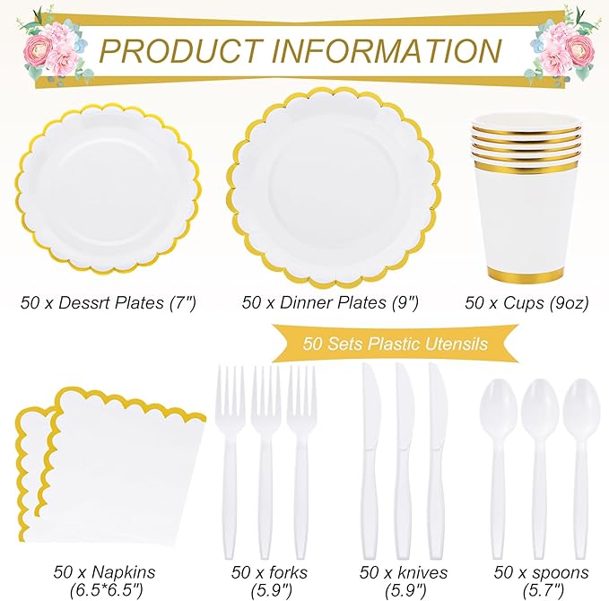 Ziliny 350 Pcs White Plates and Napkins Party Supplies for 50 Guests Wedding Disposable Tableware Include Scalloped Plates Paper Napkin Cup Spoon Fork Knife for Wedding, Birthday