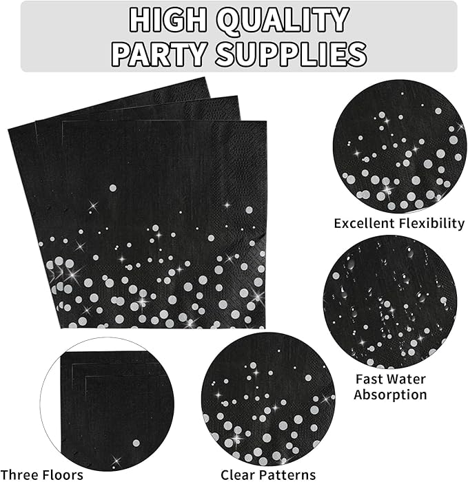 Grencian 96Pcs Black and Silver Party Decorations White Silver Dot on Black Paper Plates Graduation Birthday Paper Tableware Set for Birthday Retirement Wedding Prom Graduation Party Supplies Serve 24