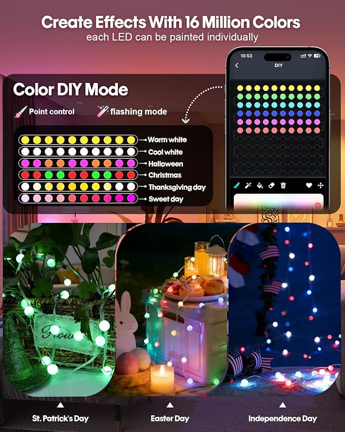 Super RGB Color Changing Globe String Lights 16.4FT 33LEDs, Smart LED Fairy Lights with Remote & APP Control, Mini Ball RGB Twinkle Lights for Indoor Bedroom Party Birthday Holiday Decor
