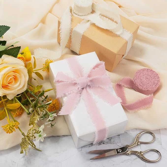 Pink & Ivory Cotton Ribbon 5/8 Inch Dusty Pink, Soft Pink & Cream 3 Rolls 21 Yards Frayed Edge Fabric Set for Rustic Wedding Decor, Engagement Party, Bridal Bouquet Wrap & Gift Wrapping